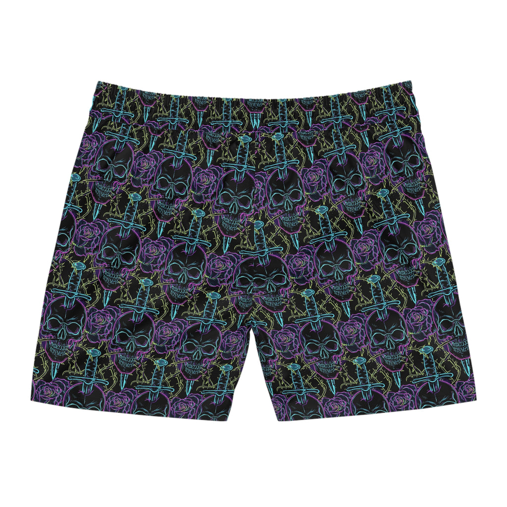 Neon Skull & Dagger Swim Shorts — Gothic Rose Men's Mid-Length Trunks