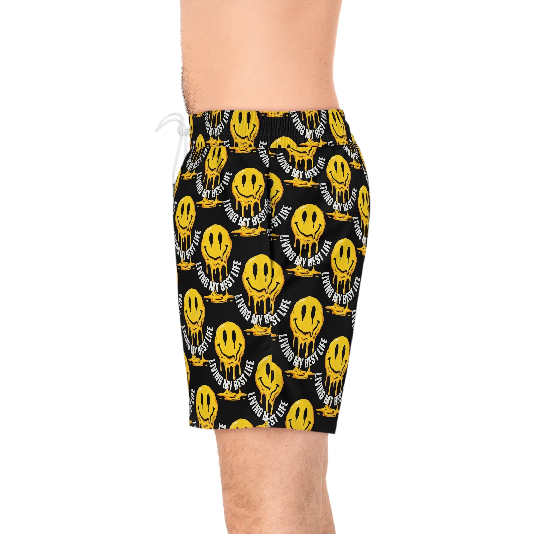 Men's Swim Shorts — Yellow Melting Smiley "Living My Best Life" All-Over Print