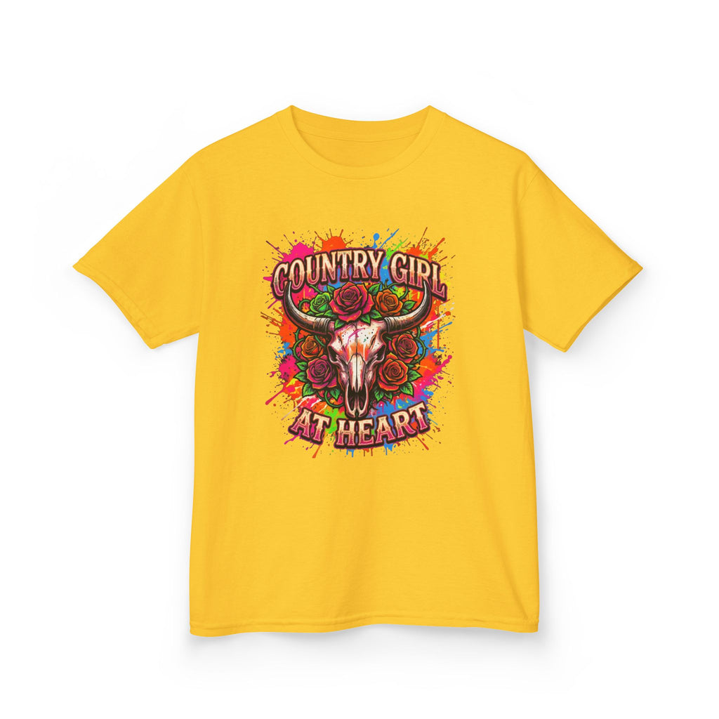 Kids T-Shirt — "Country Girl at Heart" Colorful Cow Skull Tee