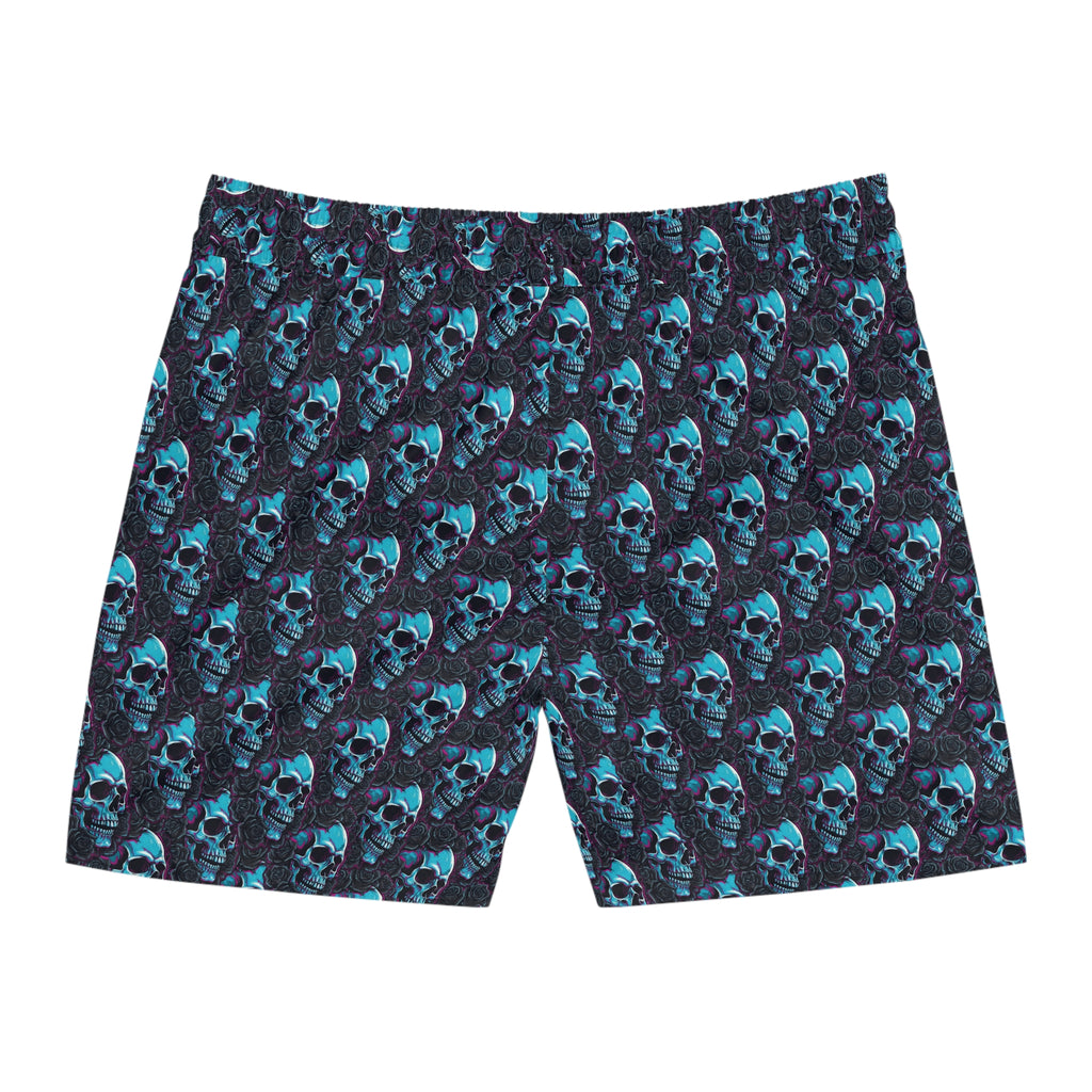 Men's Skull Rose Swim Shorts — Blue Neon Skull All-Over Print Mid-Length Trunks