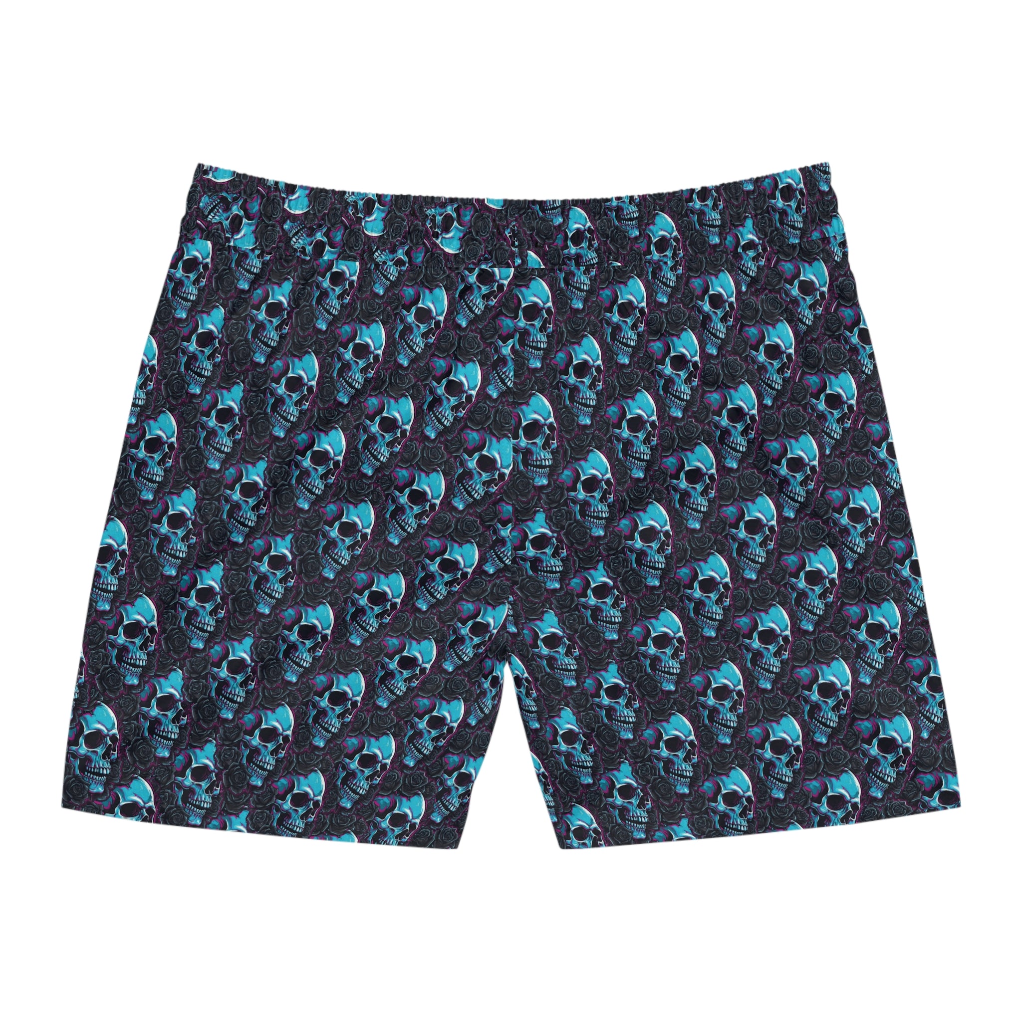 Men's Skull Rose Swim Shorts — Blue Neon Skull All-Over Print Mid-Length Trunks
