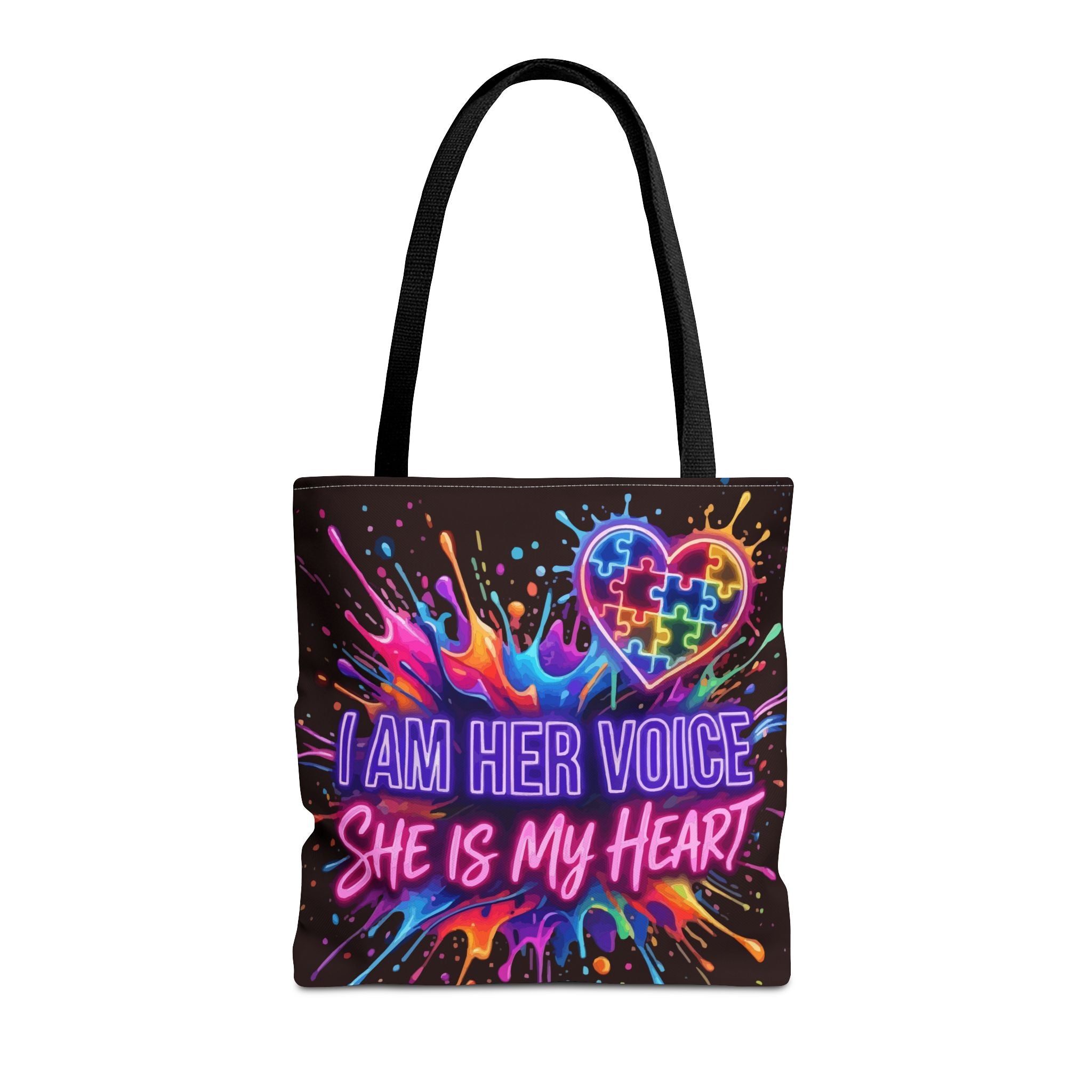 Autism Awareness Tote Bag - "I Am Her Voice, She Is My Heart" Colorful Puzzle Heart Carryall