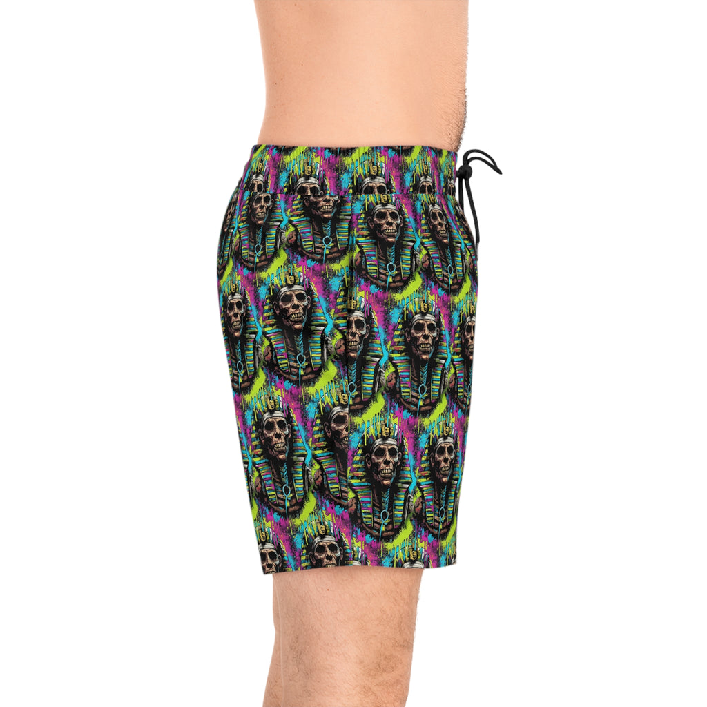 Neon Pharaoh Skull Swim Shorts - Men’s Mid-Length Beach Trunks