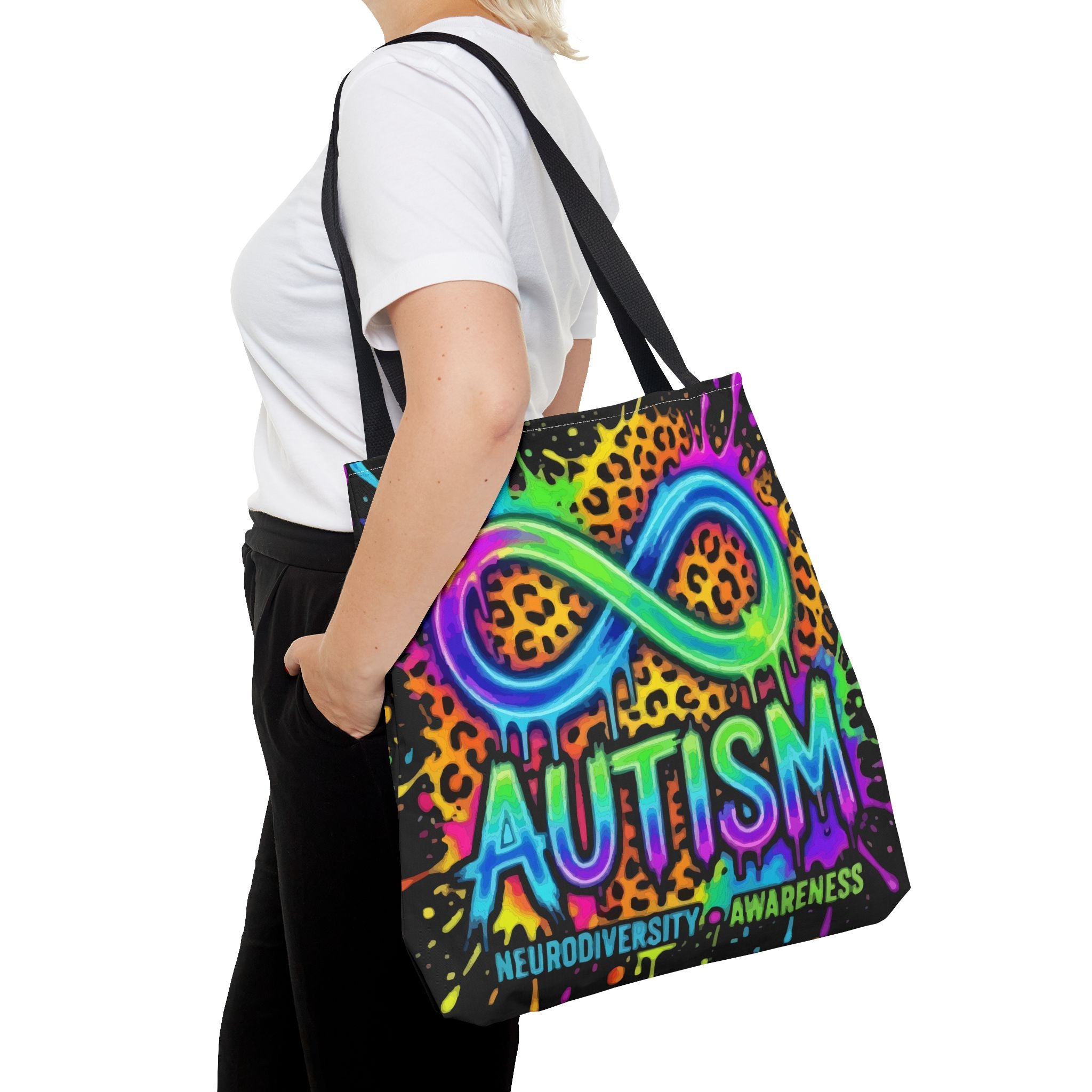 Autism Infinity Symbol Rainbow Leopard Tote Bag — Colorful Neurodiversity Support Tote